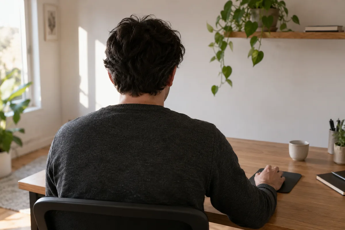 Développeur vu de dos dans un bureau calme, concentré sur son poste de travail