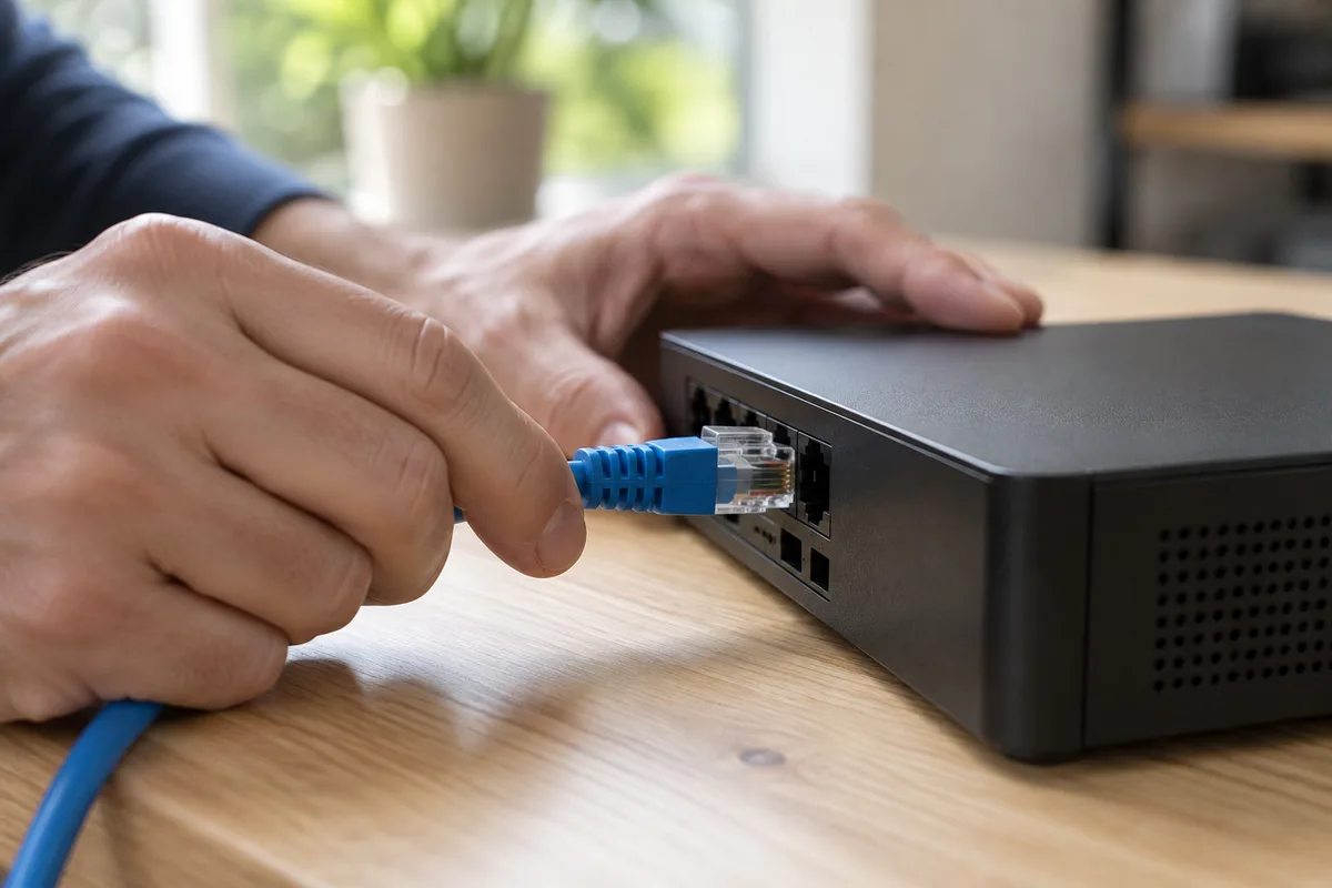 Mains branchant un câble réseau bleu sur un boîtier noir posé sur un plan de travail