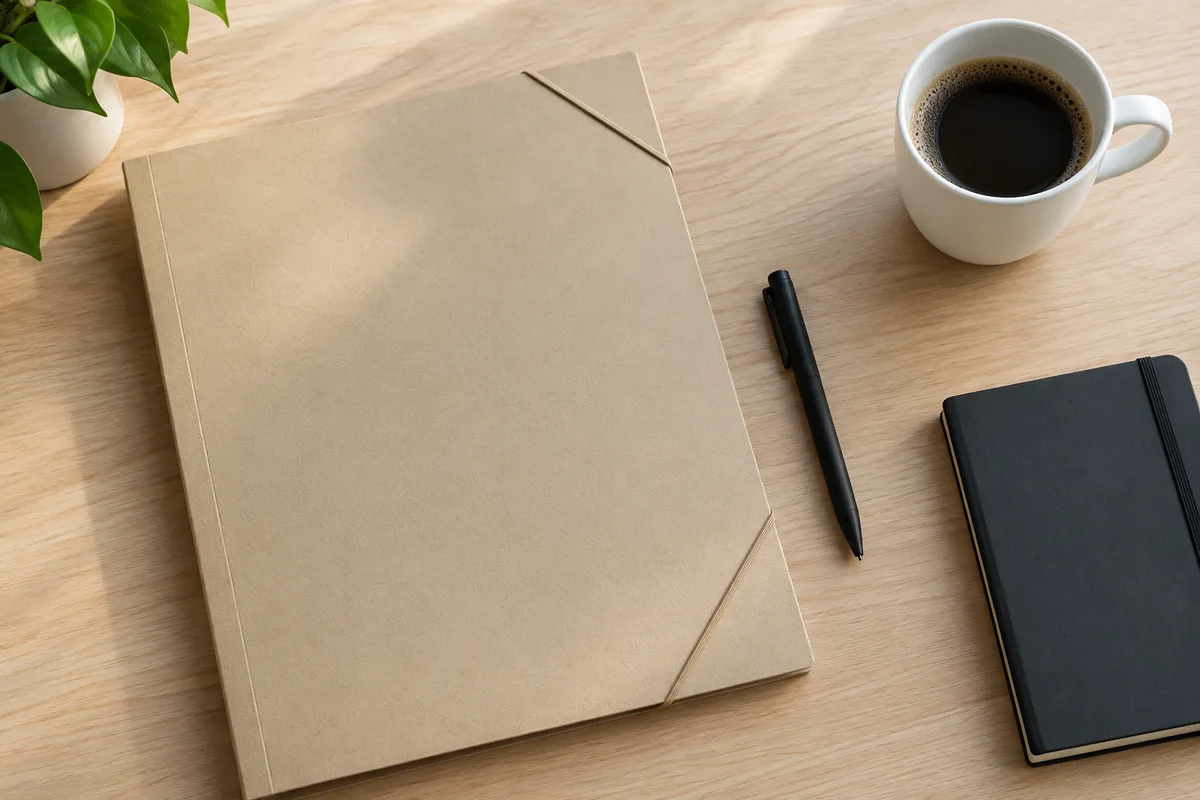 Chemise cartonnée fermée et stylo posés sur un bureau en bois clair