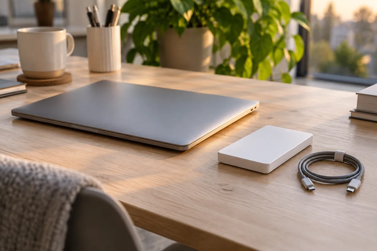 Ordinateur portable fermé et disque dur externe posés sur un bureau clair