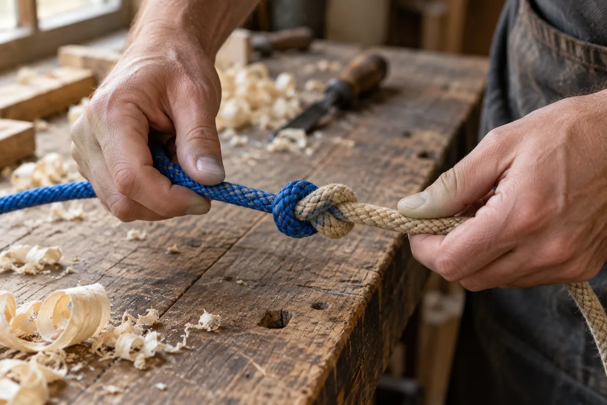 Mains nouant deux cordes de couleurs différentes au-dessus d’un établi en bois