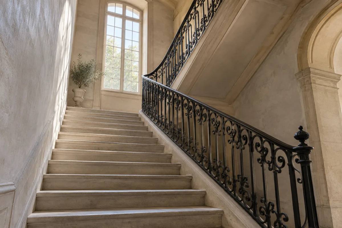 Grand escalier de pierre à rampe en fer forgé dans un bâtiment ancien vu en contre-plongée