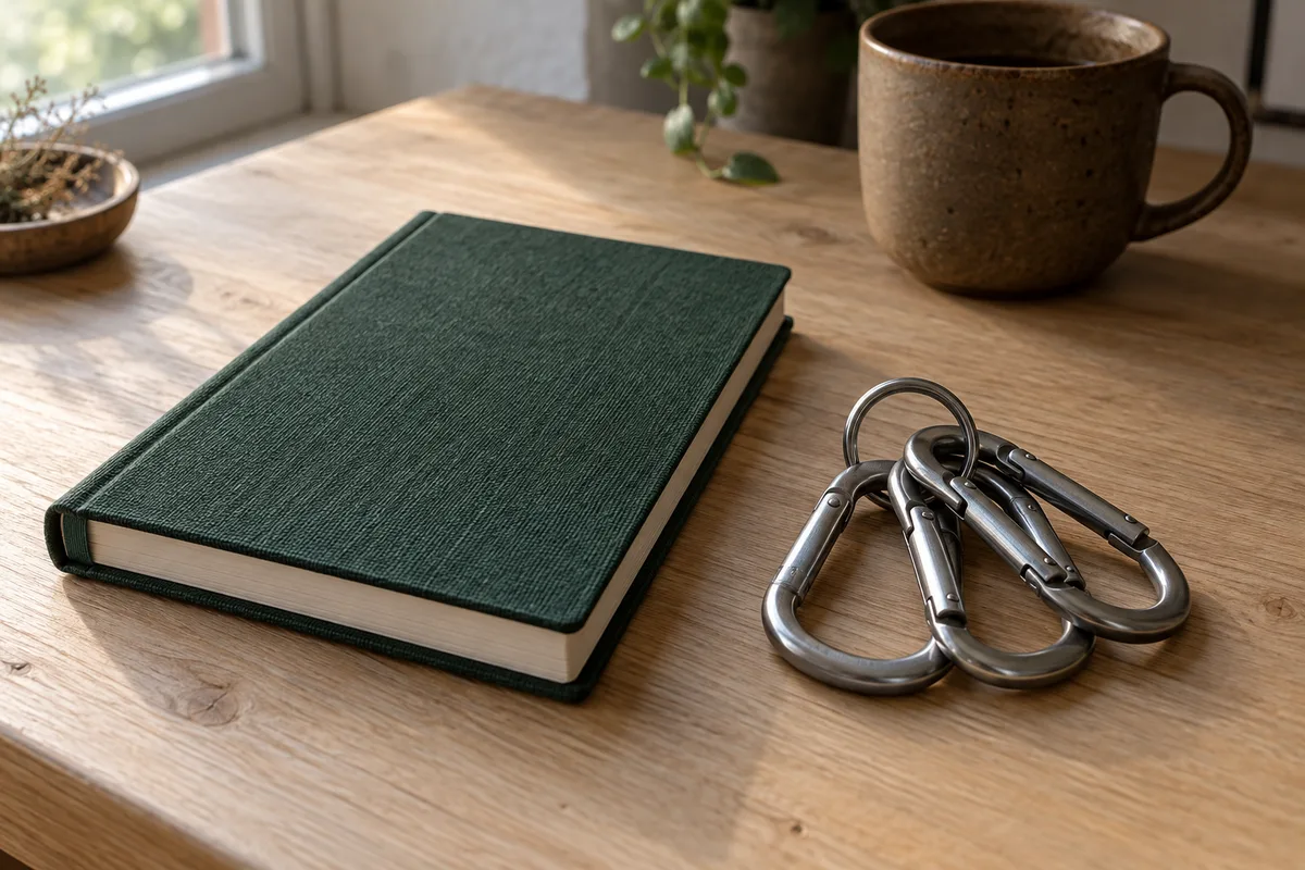 Carnet fermé à couverture toilée et trousseau de mousquetons en acier sur une table en bois clair