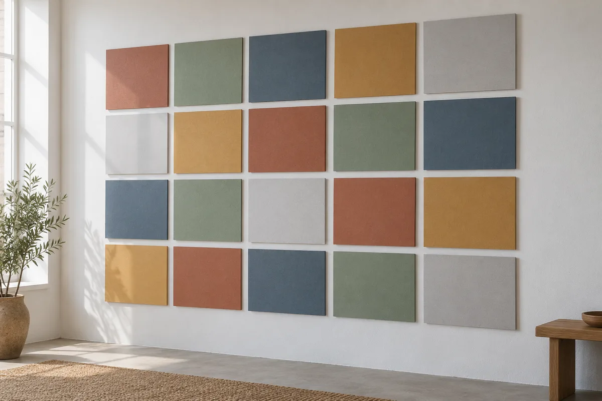 Planches de papier épais aux couleurs unies disposées en mosaïque sur un mur blanc