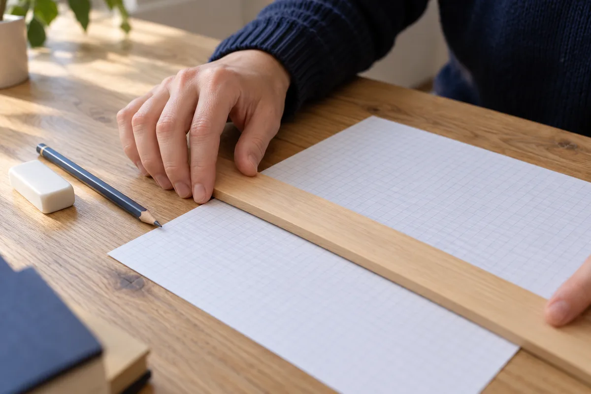 Main qui ajuste une règle en bois sur une feuille quadrillée vierge