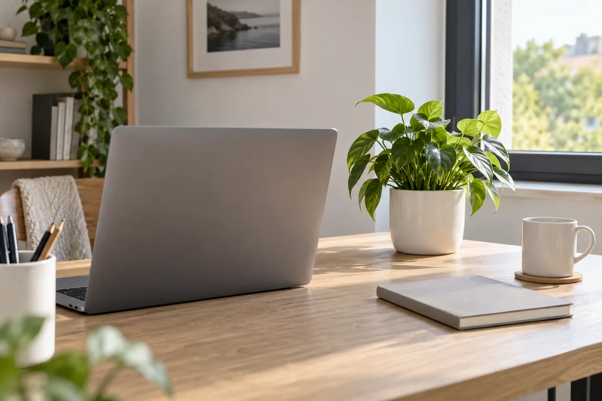 Ordinateur portable vu de dos sur un bureau clair à côté d&rsquo;une plante verte