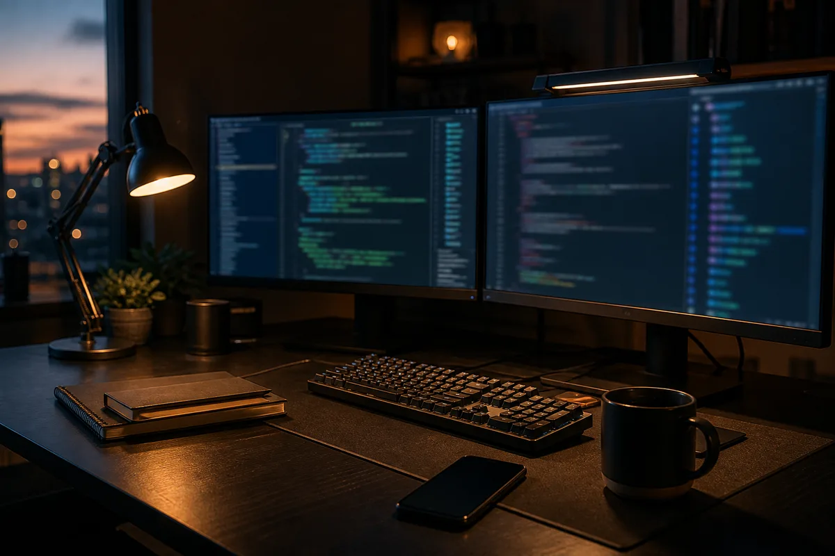 Écran d’ordinateur affichant du code source coloré dans un bureau sombre éclairé par la lueur du moniteur